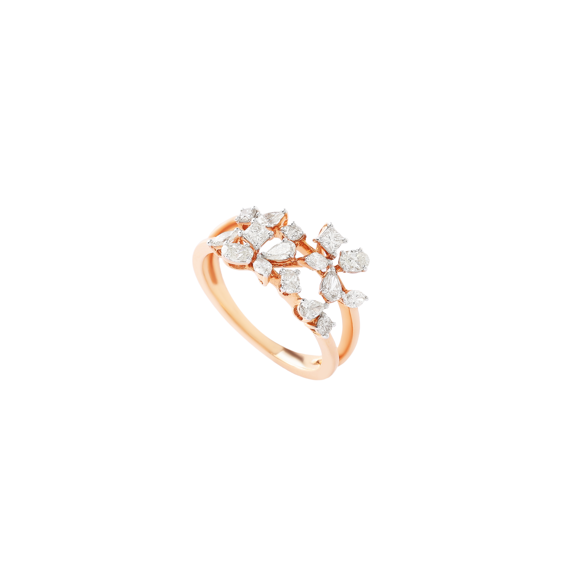 Ring in 18kt rose gold with pear cut, round, Oval, marquise, and princess cut diamonds.