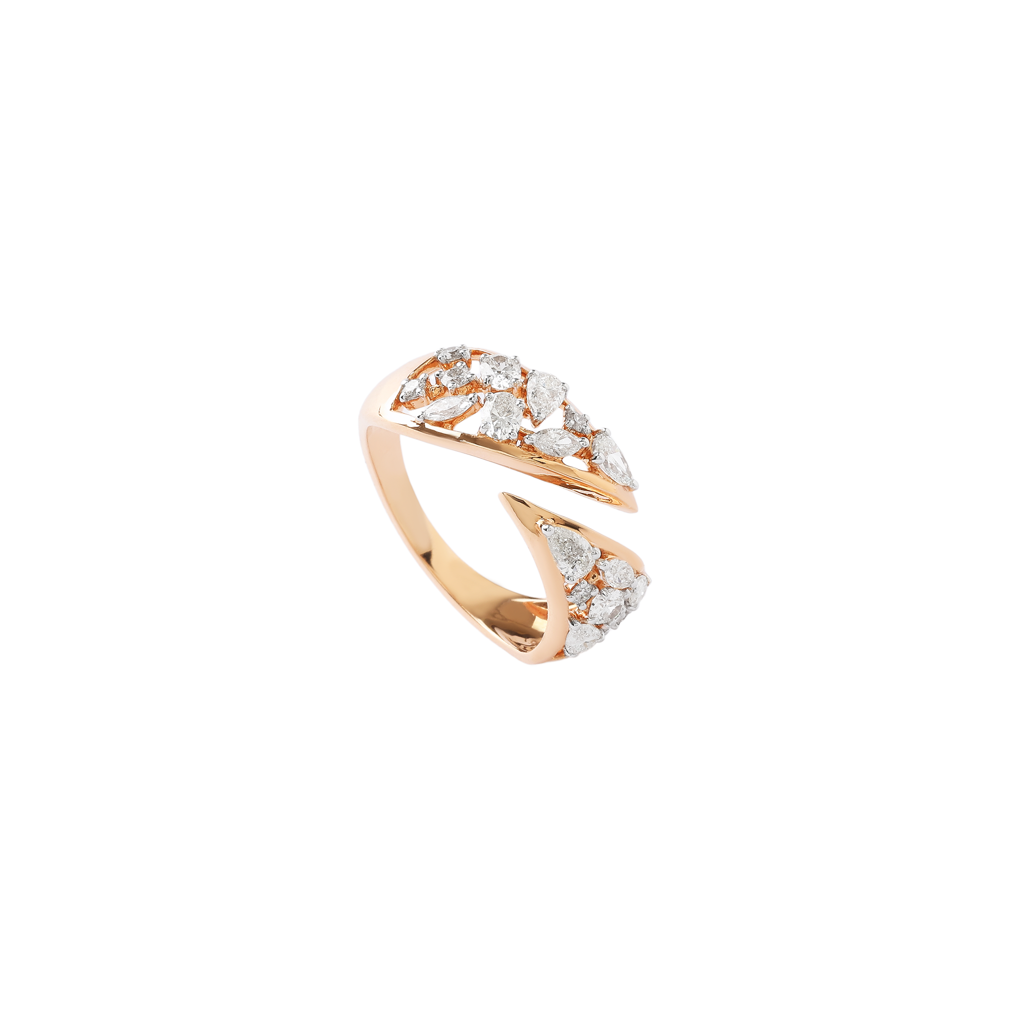 Ring in 18kt rose gold with pear cut and round diamonds.