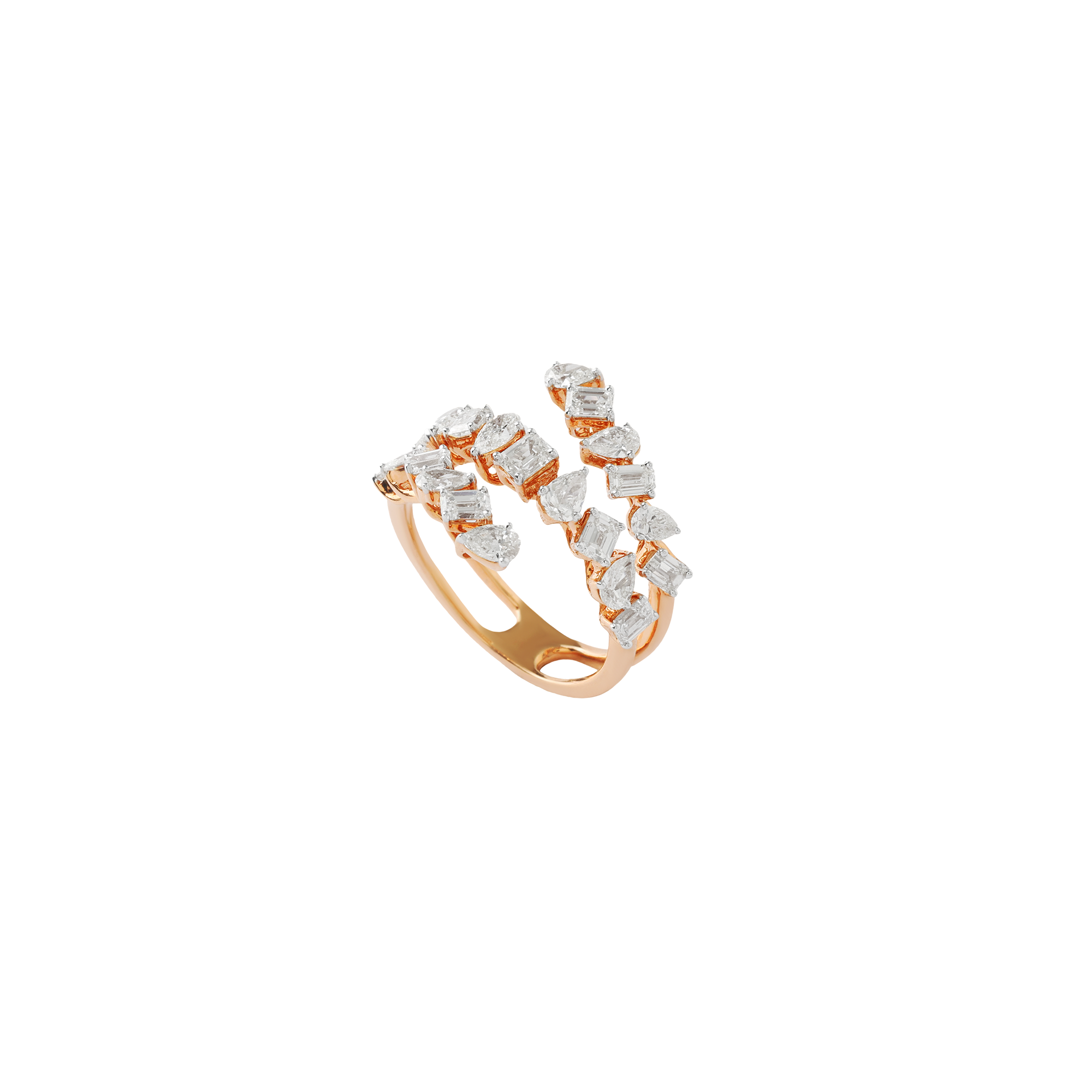 Ring in 18kt rose gold with emerald cut, marquise, pear and princess cut diamonds.