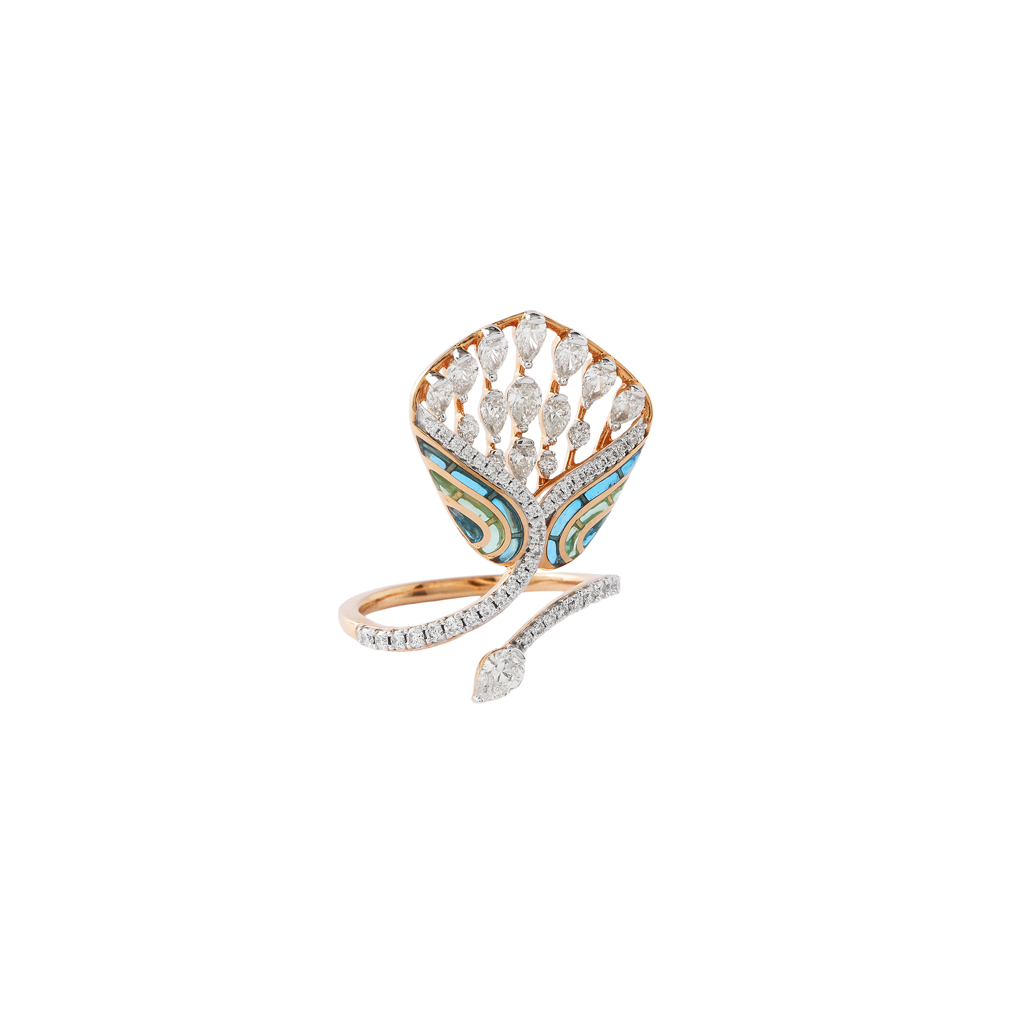 Ring in 18kt rose gold with pear cut diamond and brilliant cut round diamonds.