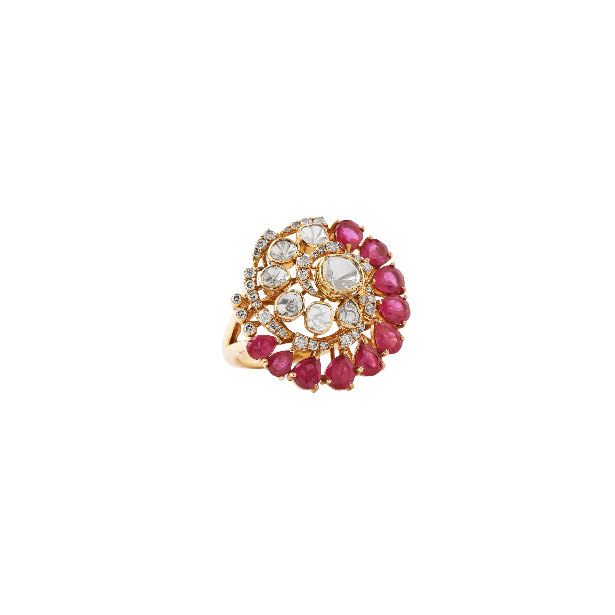 Ring in 18kt yellow gold with polki and brilliant round cut diamond with a precious ruby.