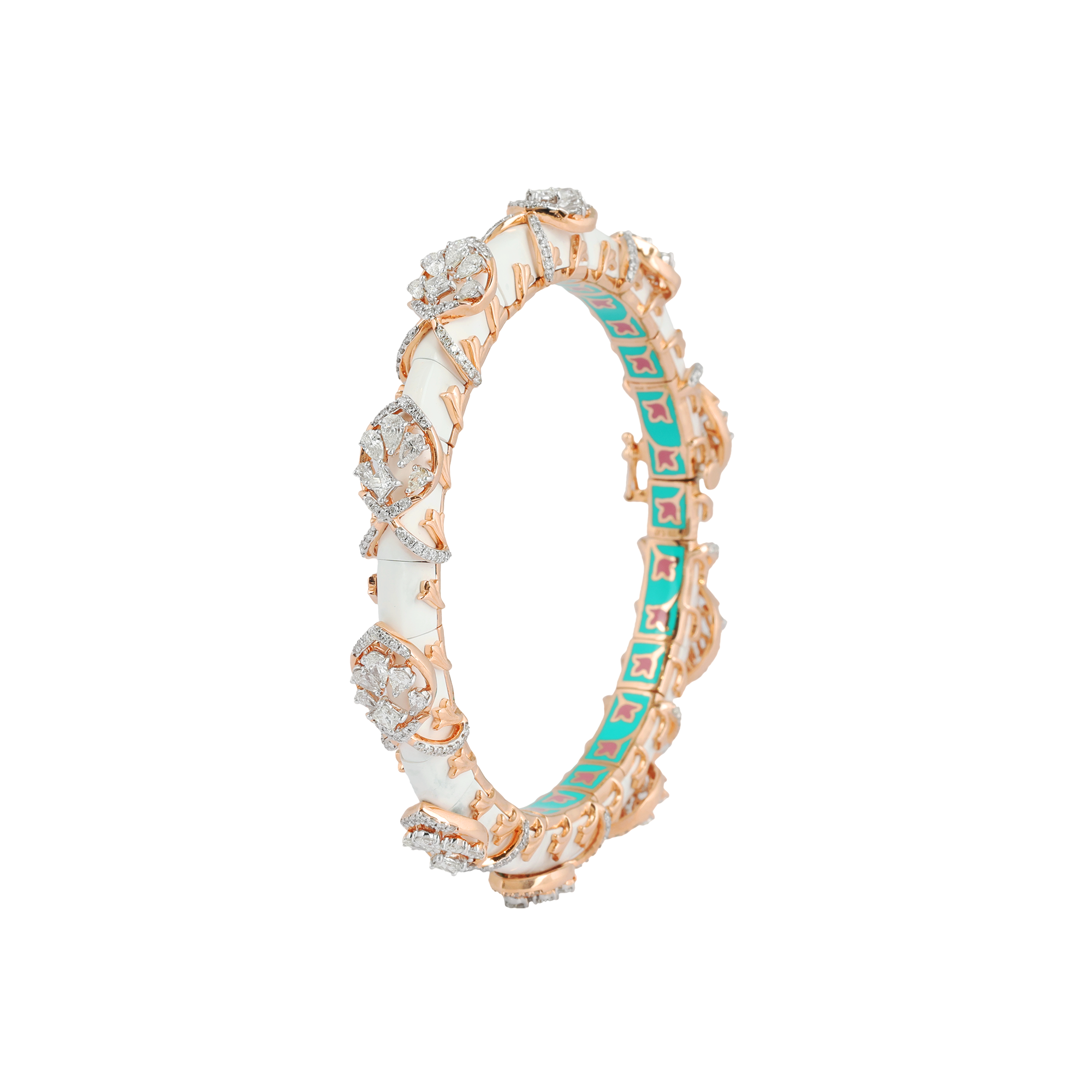 Bangle in 14kt rose gold with Pear shaped , Oval  & Round Brilliant cut diamonds