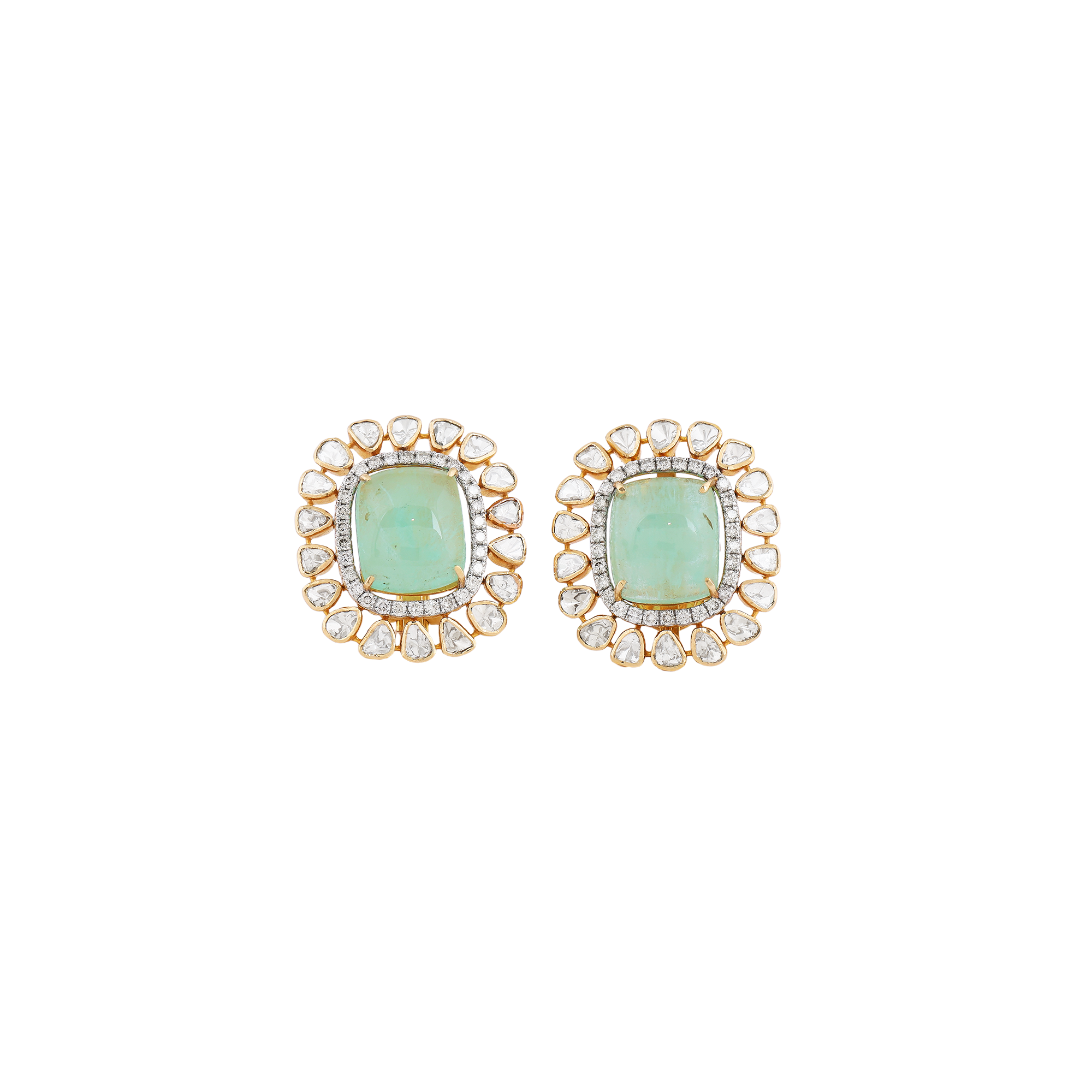 Earring in 14kt yellow gold with polki and brilliant round diamonds with precious emerald.