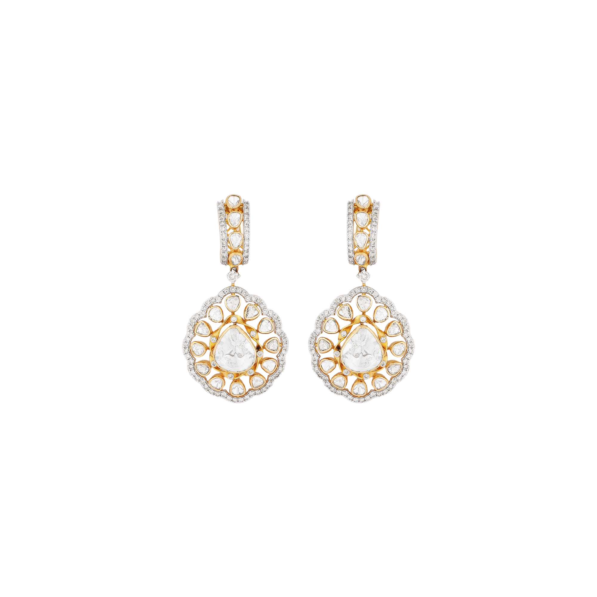 Earrings in 14 KT yellow gold with polki diamonds