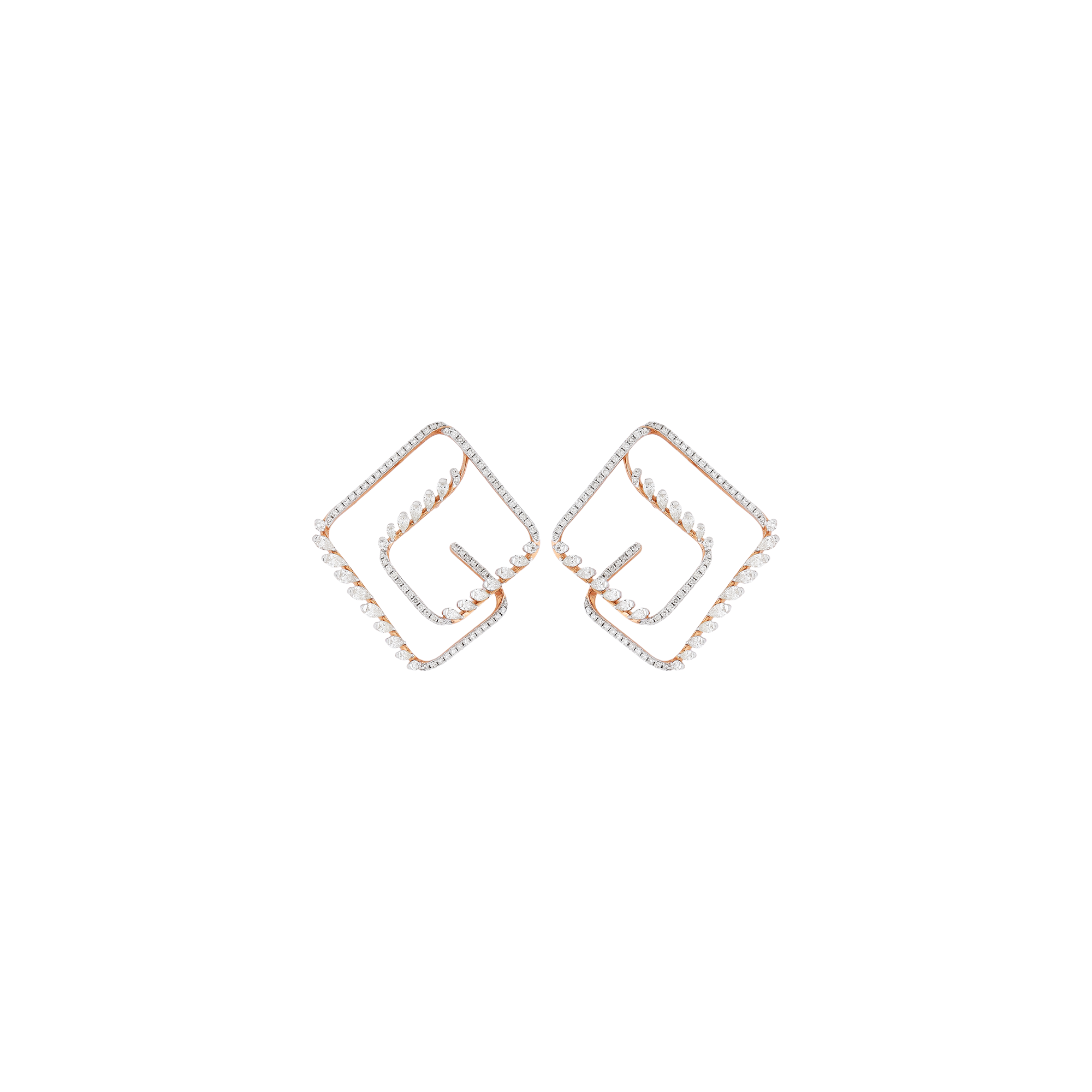 Earrings in 14 KT rose gold with round brilliant and pear shaped diamonds