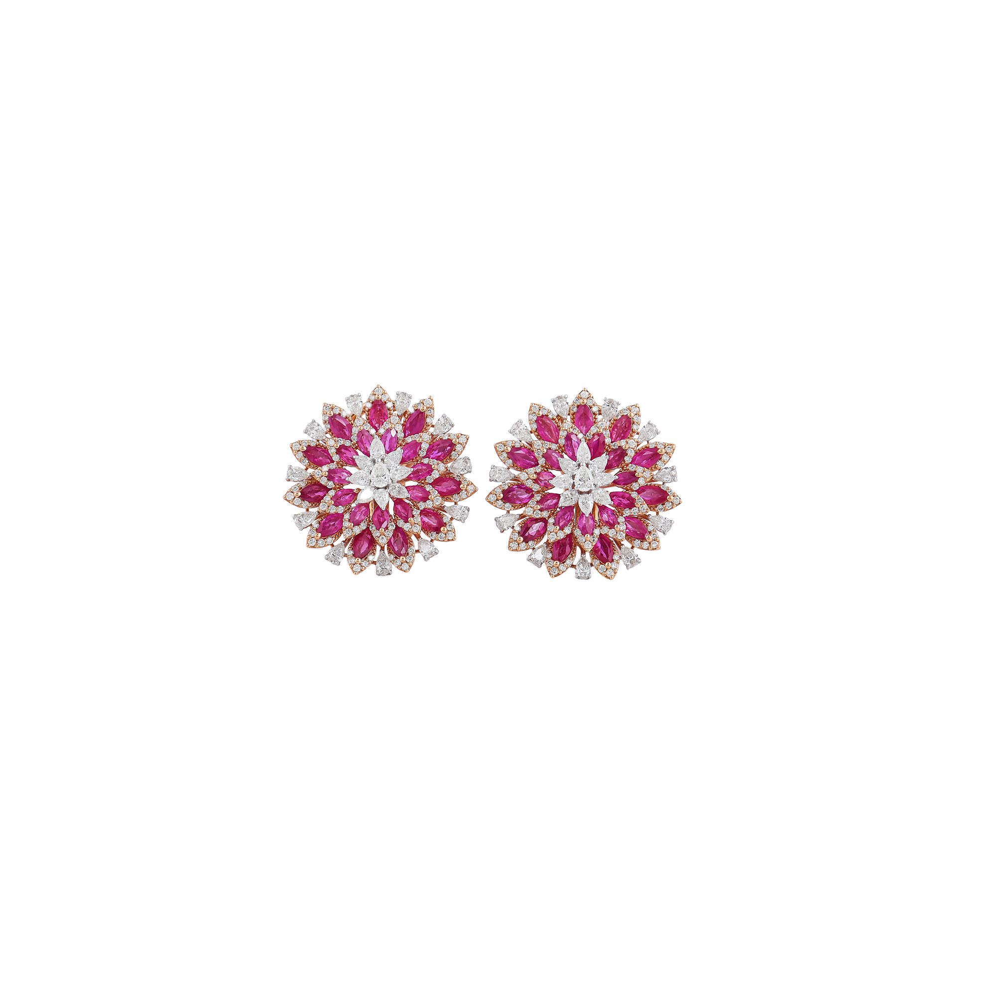 Earring in 18kt rose gold with brilliant round and pear shape diamonds and a precious ruby.