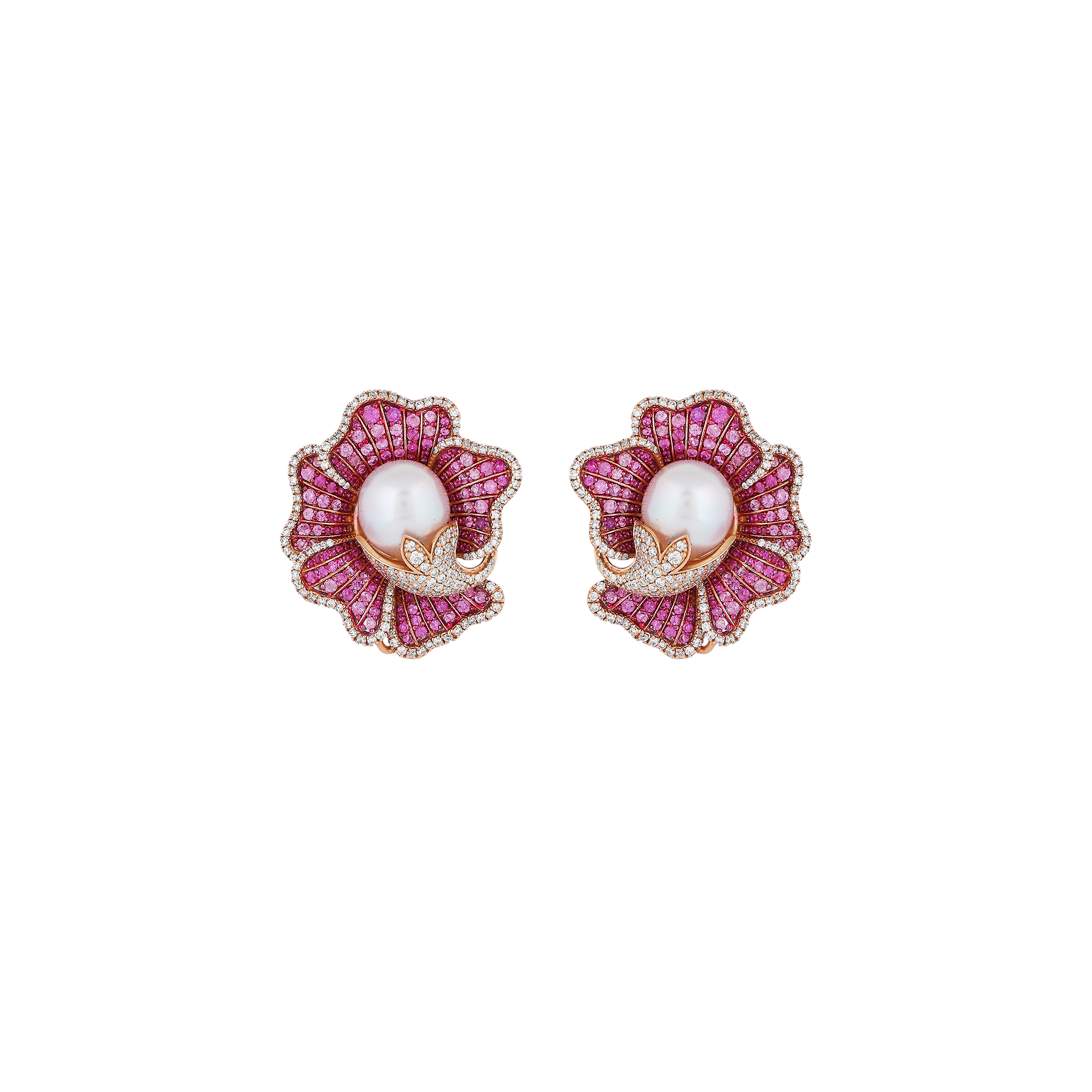Earrings in 14kt rose gold with brilliant round diamonds and a precious pink sapphire, South Sea pearl.