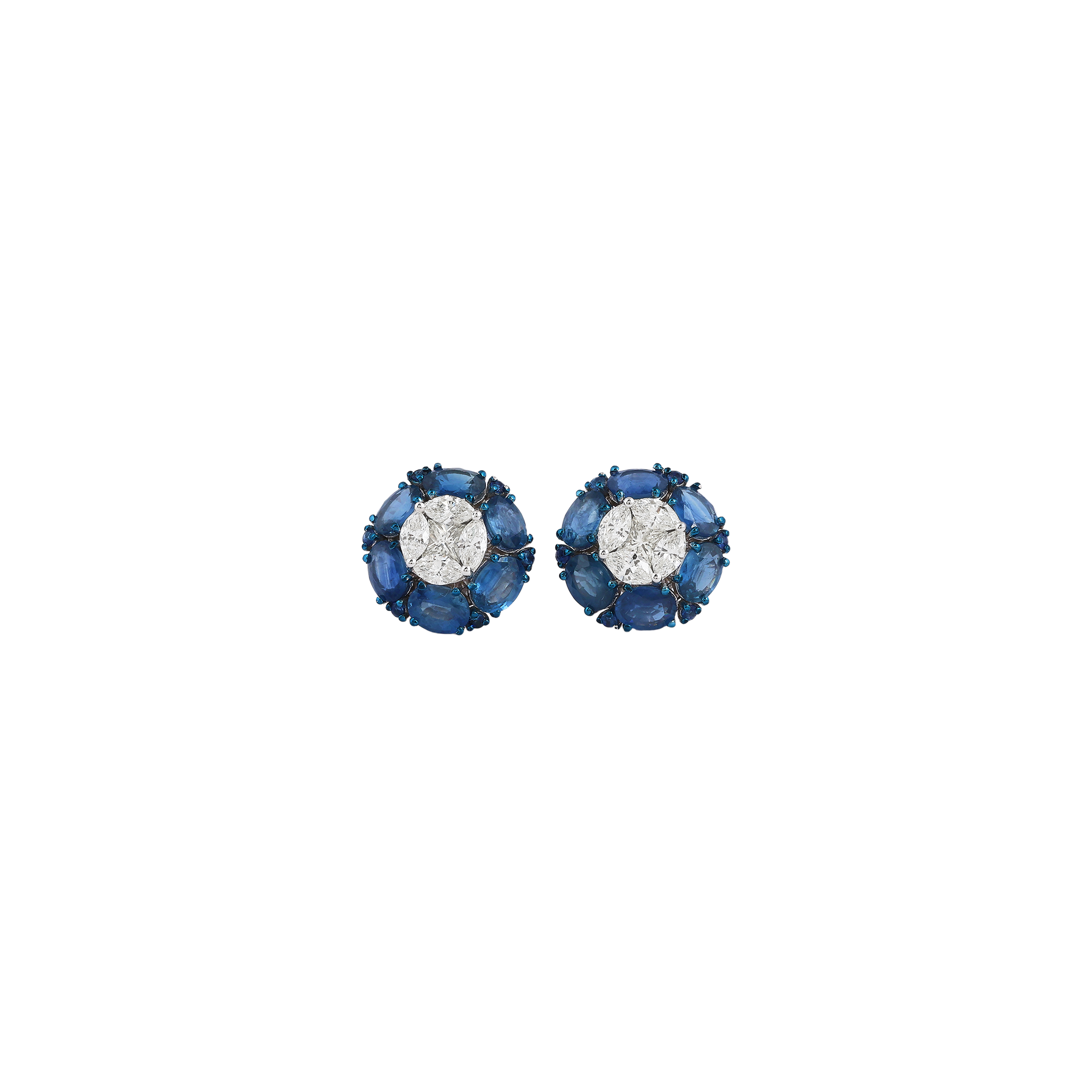 Earring in 18kt white gold, marquise and princess cut diamonds with precious sapphire.