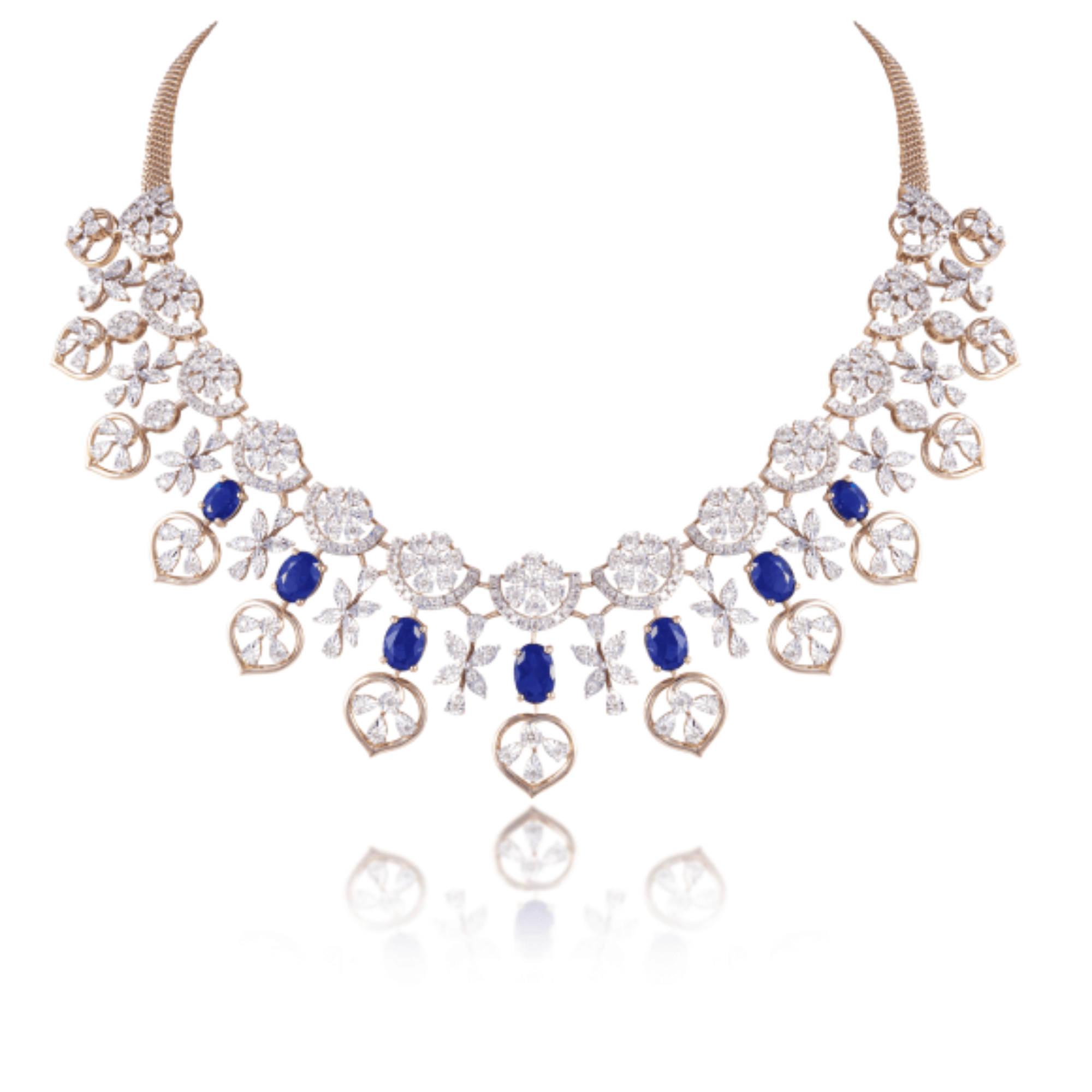 14 kt Rose Gold Diamond Necklace Set with Round Brilliant Diamonds & Semi Precious Blue Gemstones