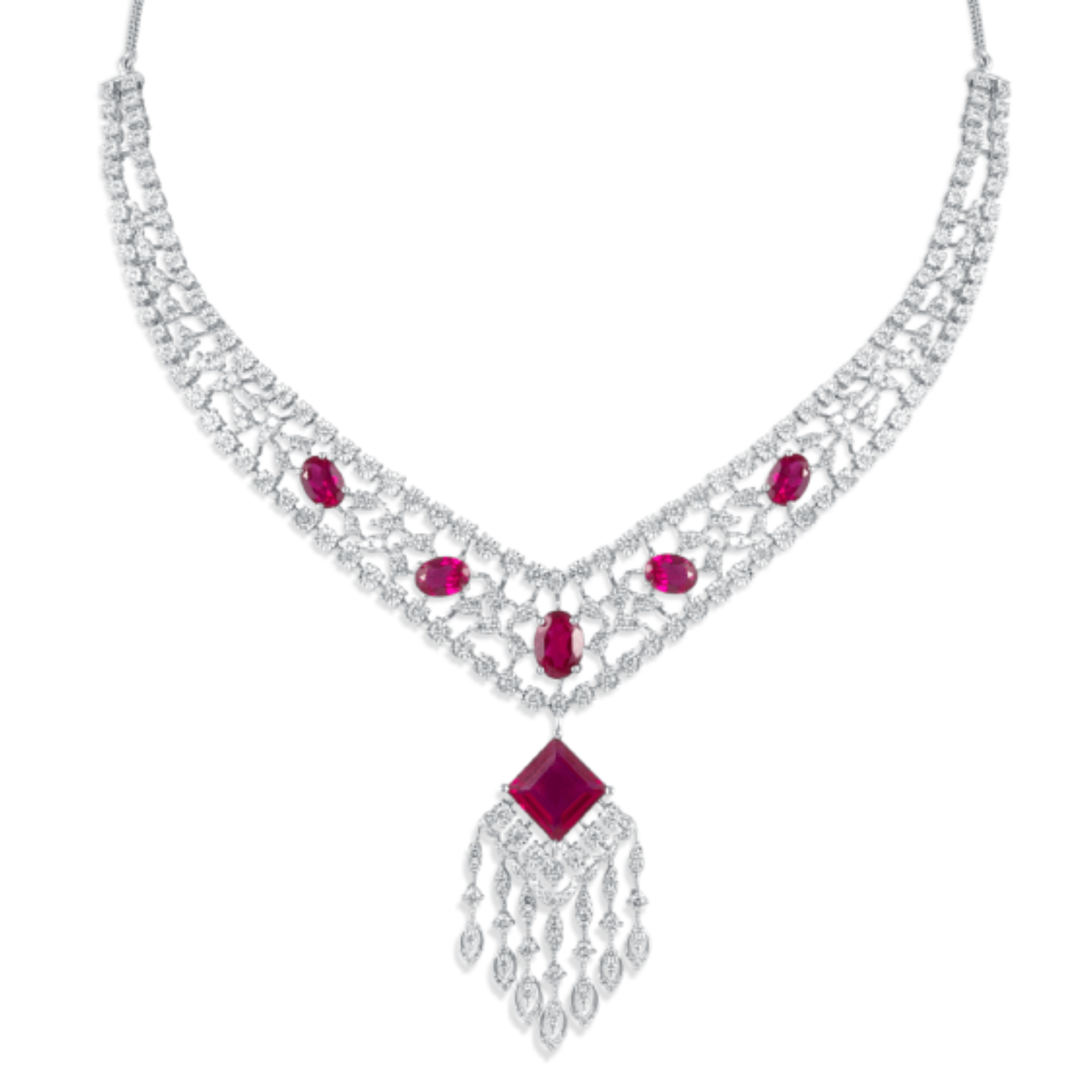 14 kt White Gold Diamond Necklace Set with Round Brilliant Diamonds & Semi Precious Red Gemstones