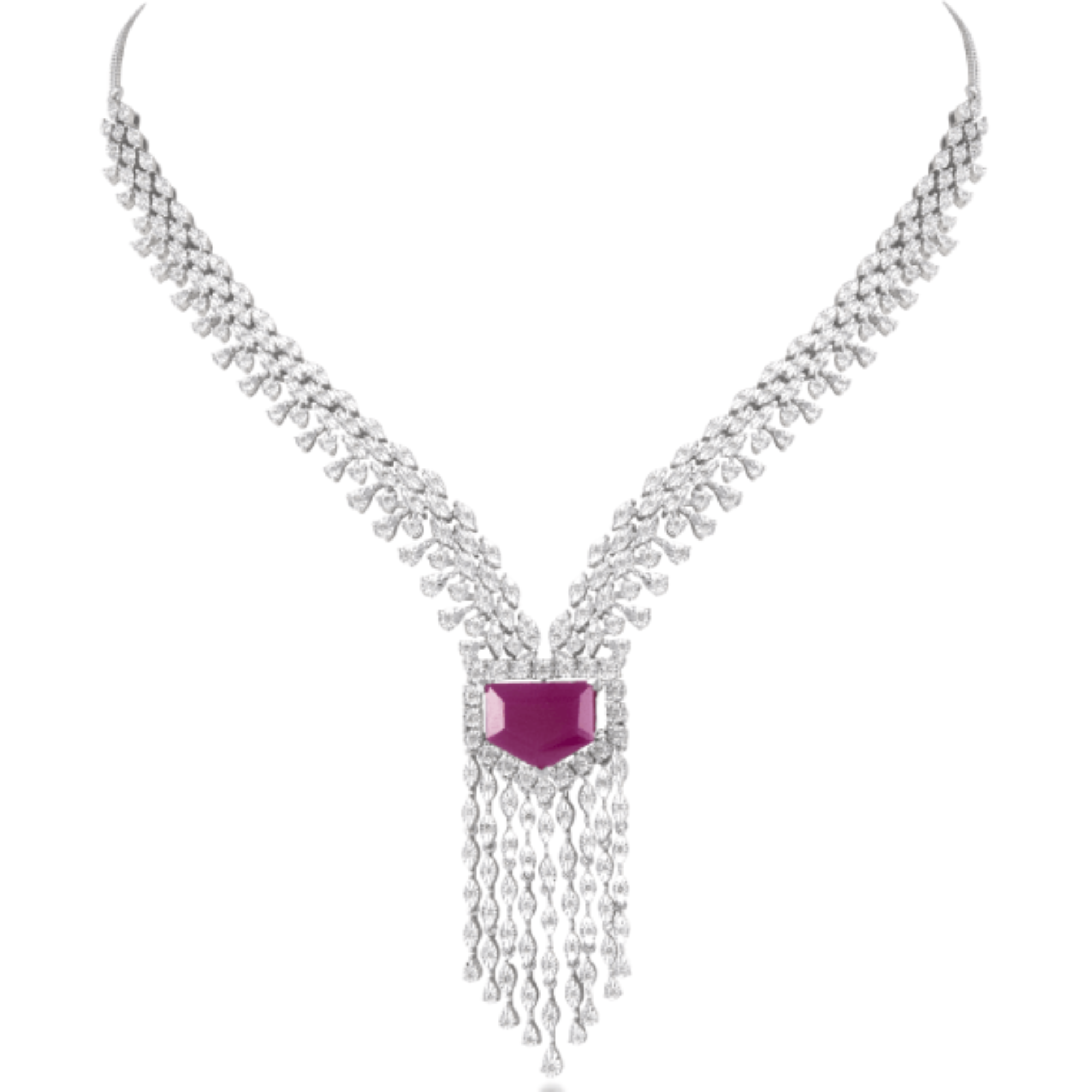 14 kt White Gold Diamond Necklace Set with Round Brilliant Diamonds & Semi Precious Red Gemstones