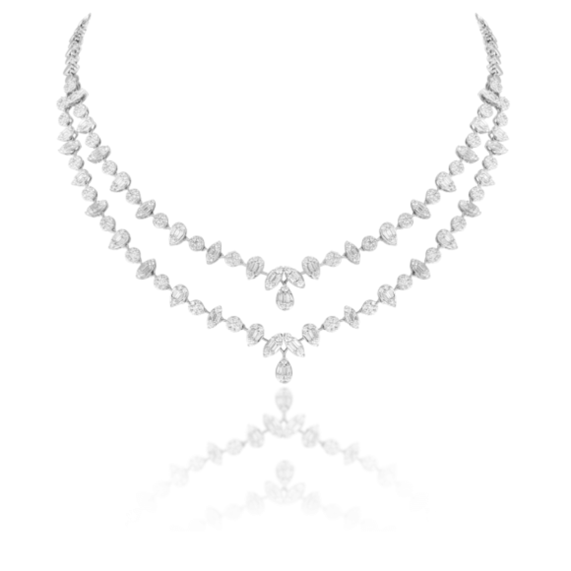14 kt White Gold Diamond Necklace Set with Round Brilliant, & Baguettes