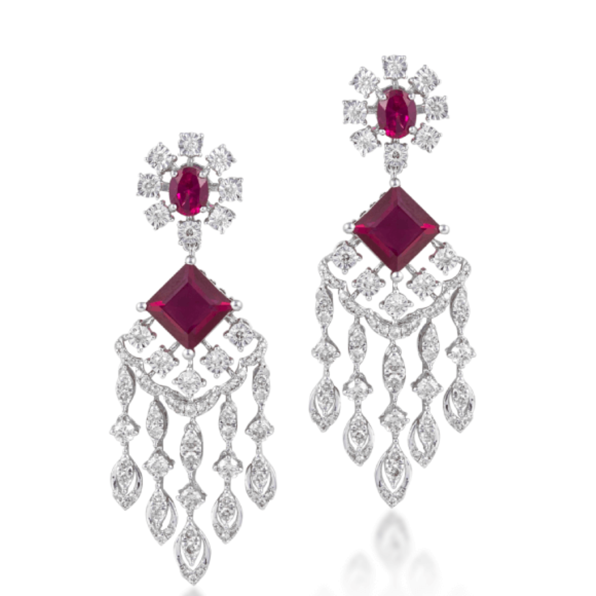 14 kt White Gold Diamond Earring with Round Brilliant Diamonds & Semi Precious Red Gemstones
