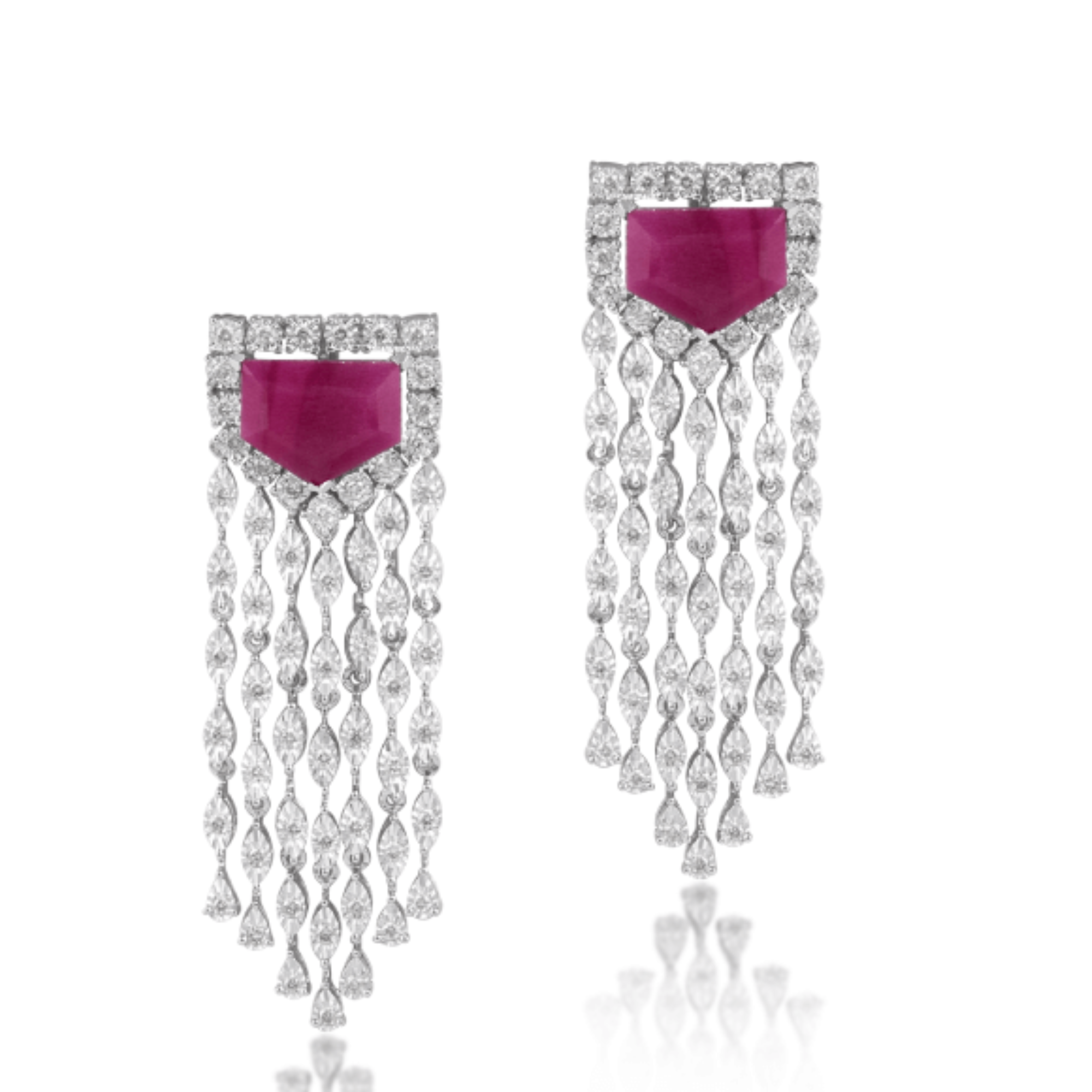 14 kt White Gold Diamond Earring with Round Brilliant Diamonds & Semi Precious Red Gemstones